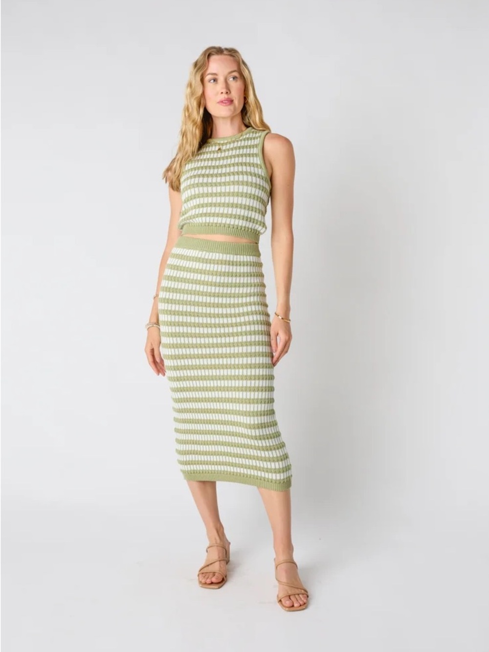 NWT Sabo Striped Knit Matching Set - Midi Skirt & Top in Green and White